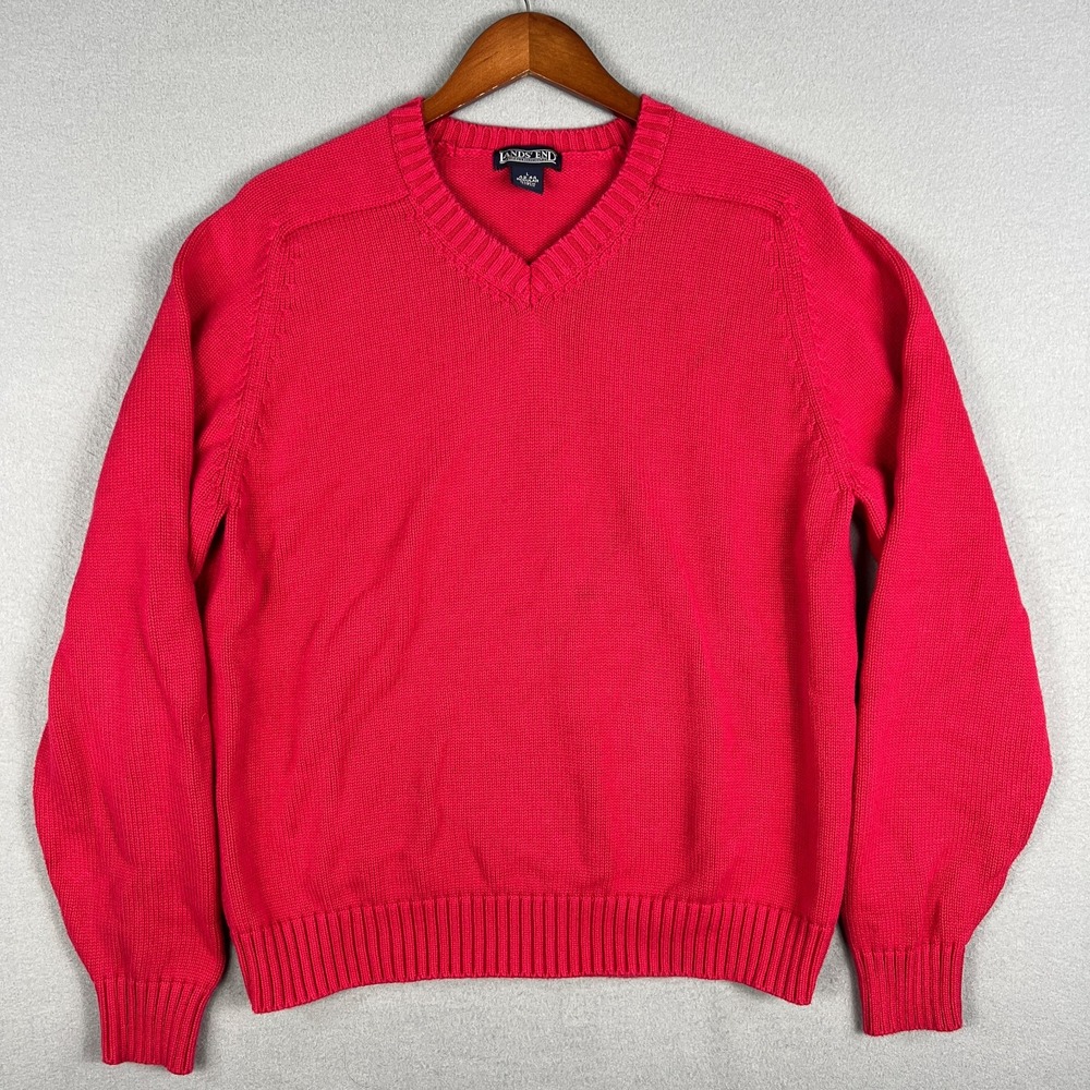 VTG Lands End Knit Cotton Sweater‎ Fits M V Neck Raglan Red 1990s Made in Japan